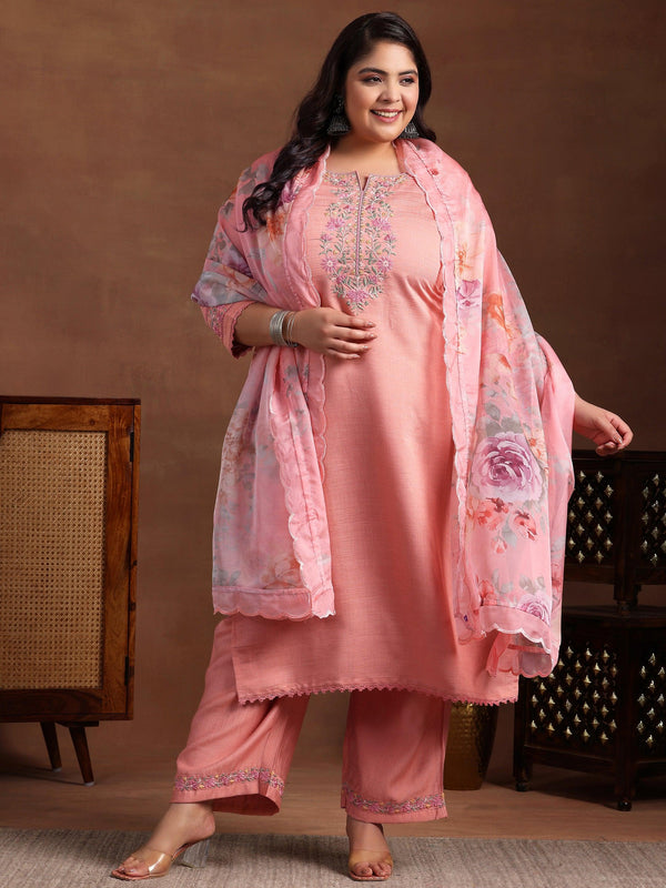 Plus Size Peach Yoke Design Silk Blend Straight Suit With Dupatta