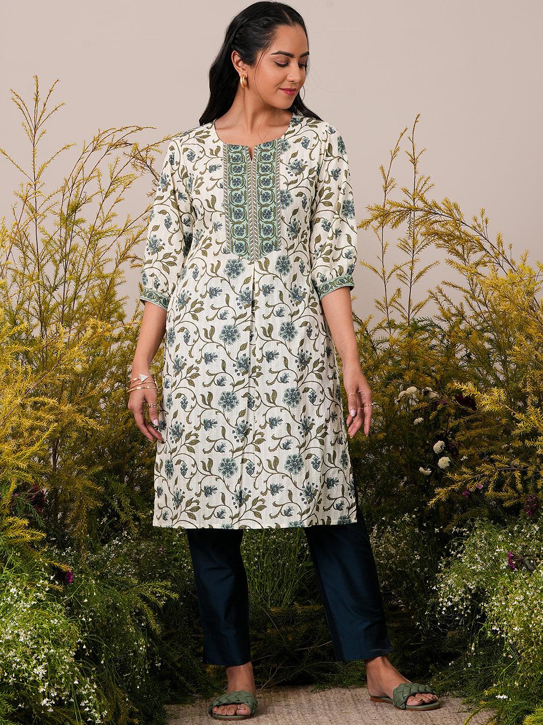 Beige Printed Cotton Straight Kurta - Jashvi