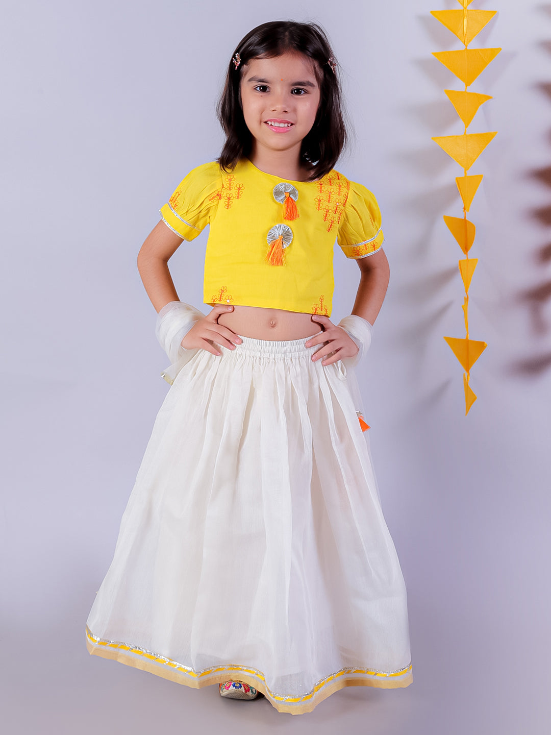 Girl's Yellow Cotton Embroided Choli Lehanga Choli With Dupatta Ethnic Set - Lil Drama