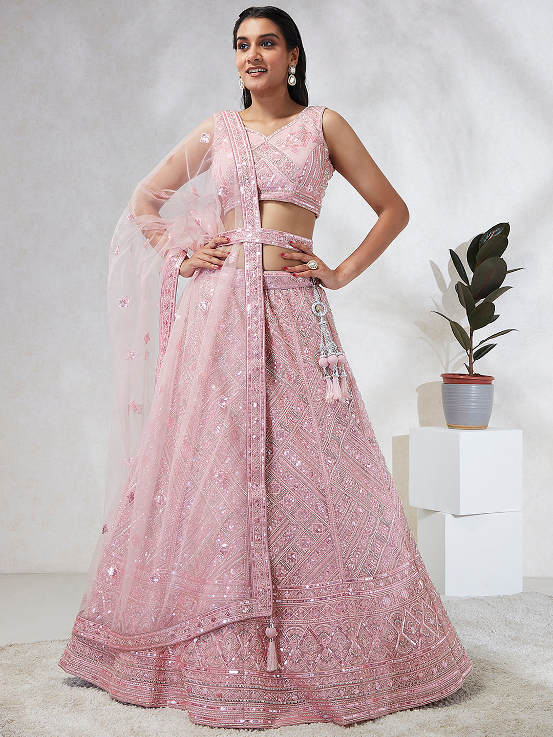 Women's Pink Net Cutdana, Sequins And Zarkan Embroidery  Lehenga Choli & Dupatta - Royal Dwells