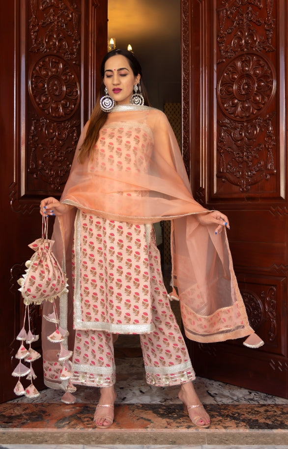 Women's Ojasvi Peach Hand Block Suit Set - Pomcha Jaipur