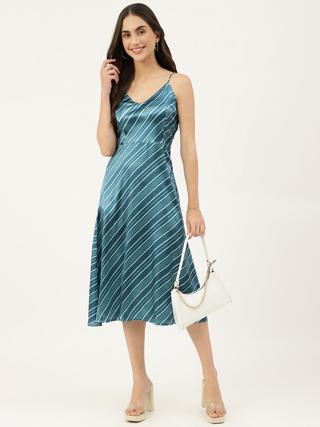 Women's Strapy Abstract Turquoise Blue Stripe Polyester Dress - Deckedup