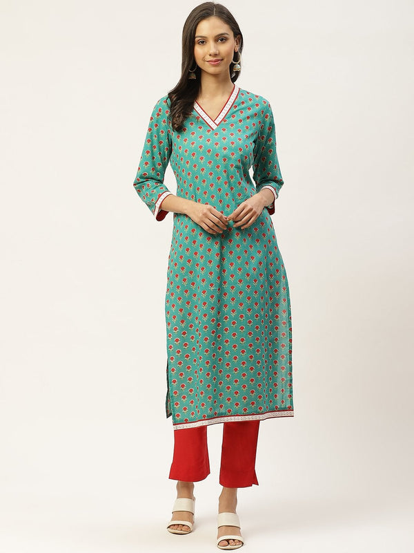 Women's Green & Red Ethnic Motifs Hand Printed Cotton Kurta with Trousers - Maaesa