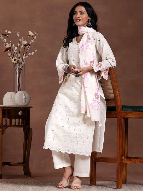 Off white Self Design Cotton Straight Suit With Dupatta