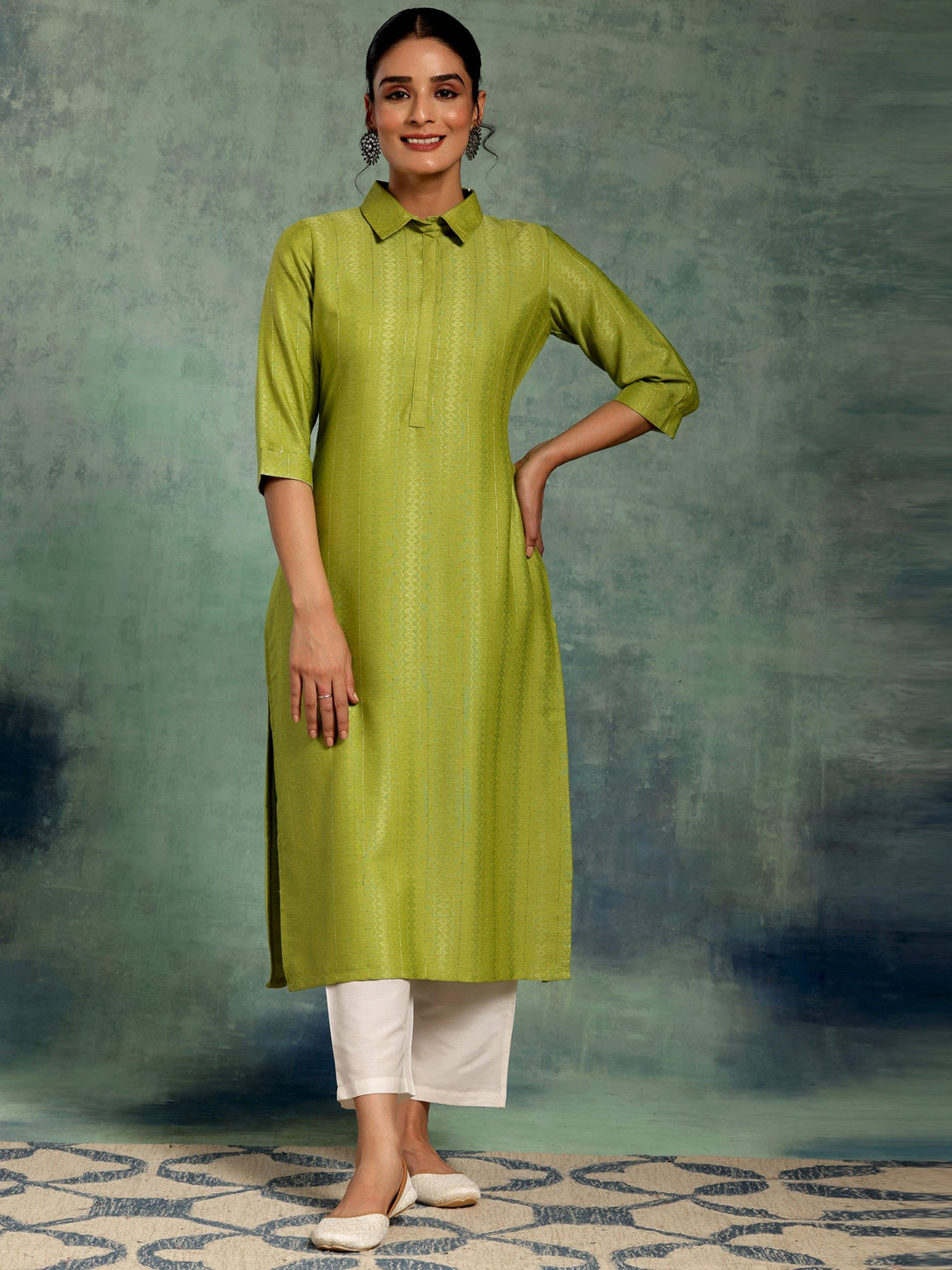 Green Woven Design Cotton Straight Kurta - Jashvi