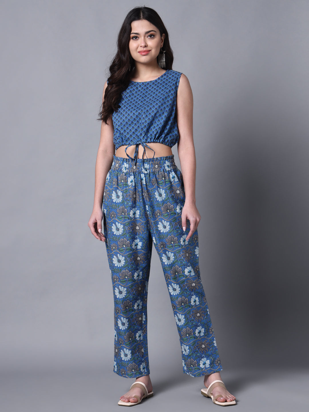 Women's Blue  Print Casual Crop Top And Pant Fusion Set - Deckedup