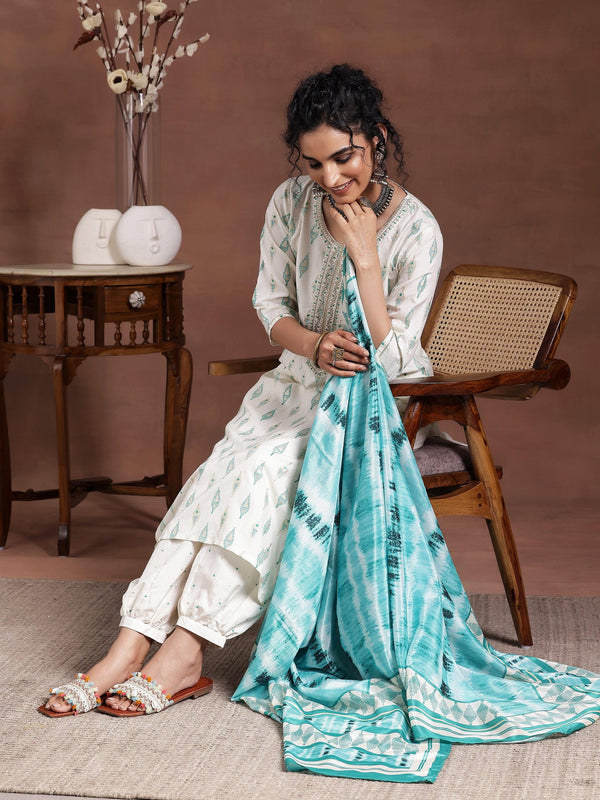 Off White Printed Silk Blend Straight Suit With Dupatta