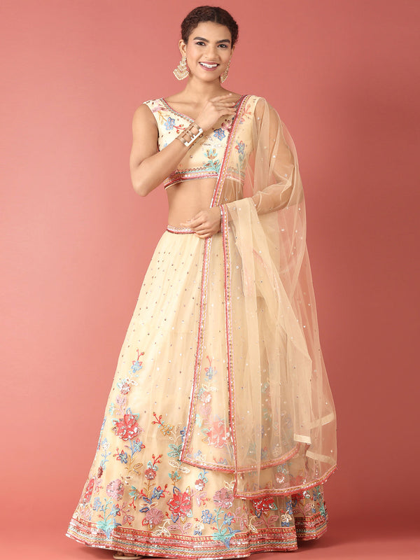 Women's Cream Net Multi Colour Thread & Sequince Work Lehenga & Blouse, Dupatta - Royal Dwells