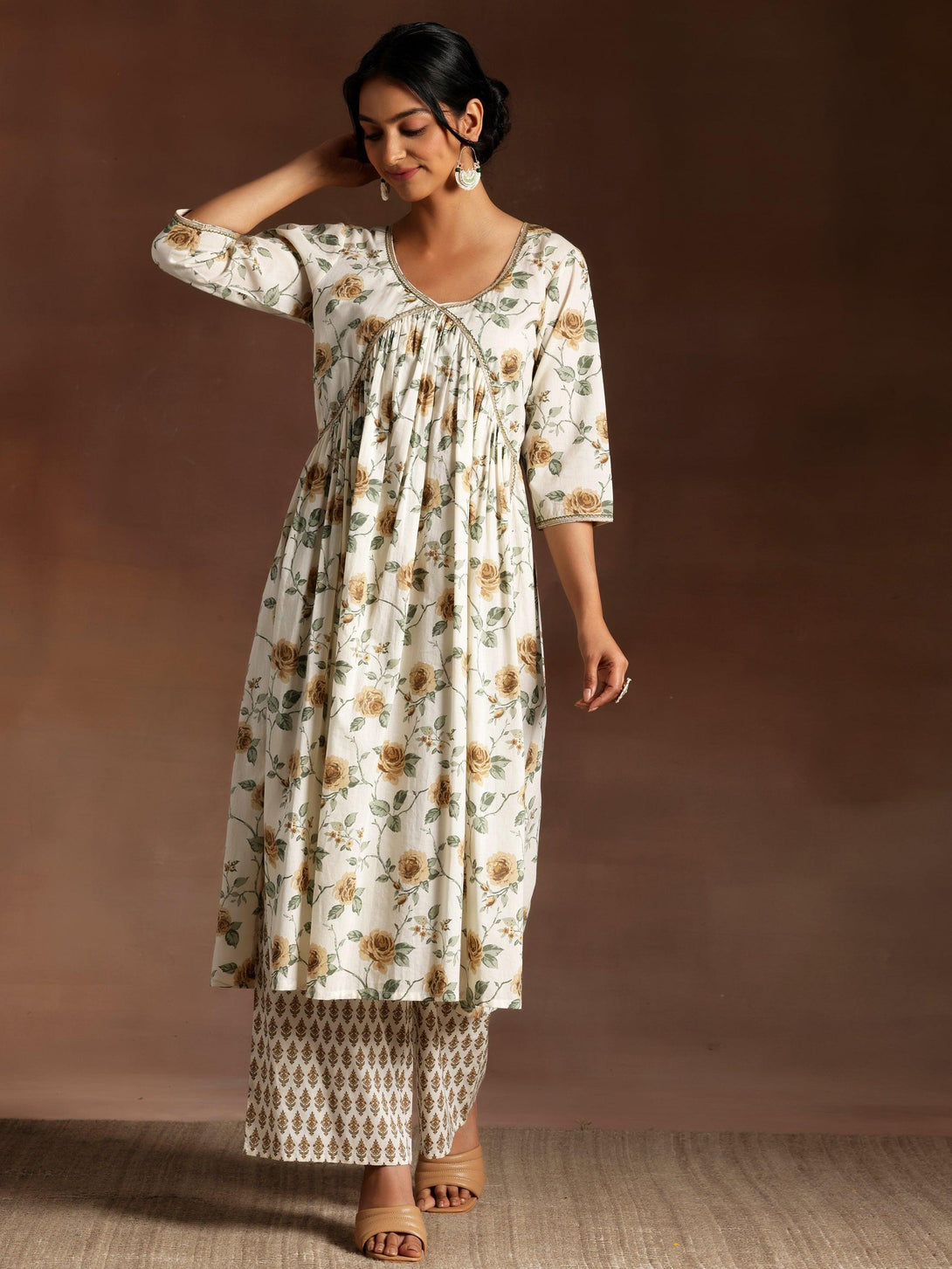 Off White Printed Cotton A-Line Kurta With Palazzos - Jashvi