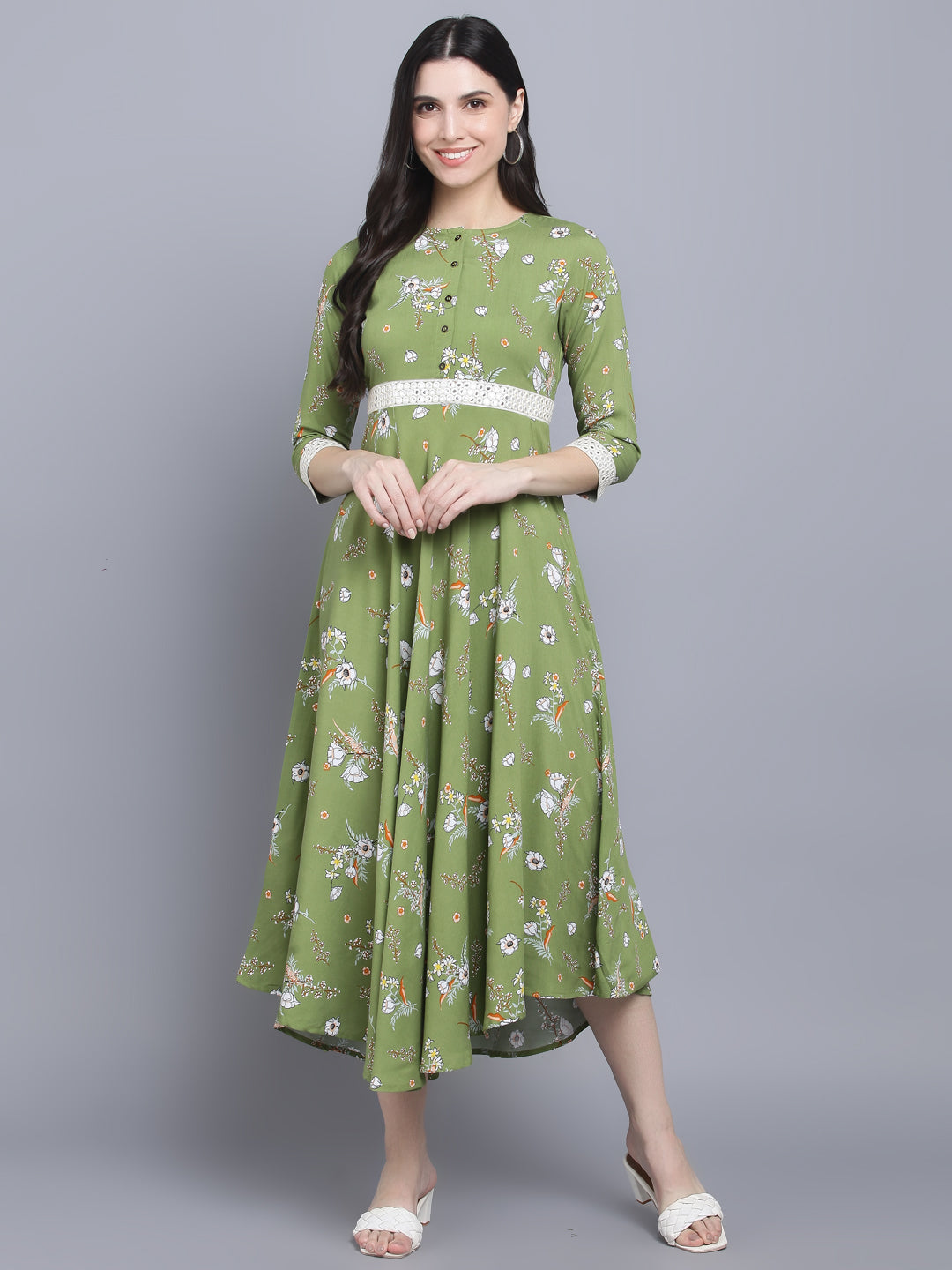 Women's Green Floral Midi Dress - Myshka