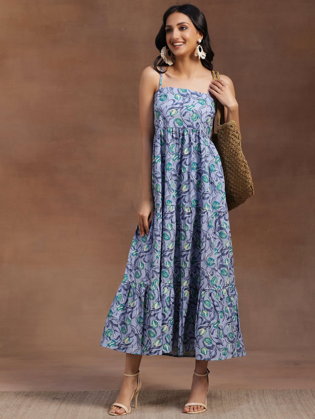 Grey Printed Cotton Fit and Flare Dress - Jashvi