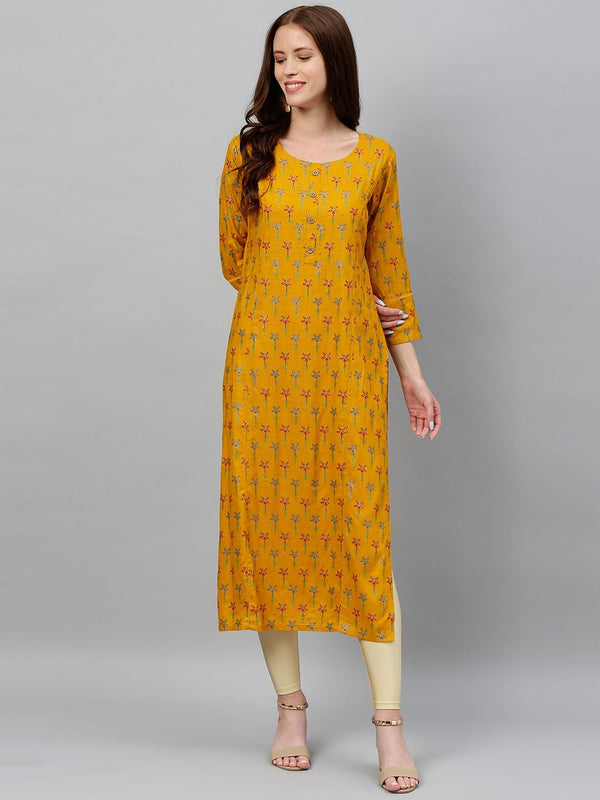 Women's Mustard Printed Kurta by Kipek (1 Pc Set)