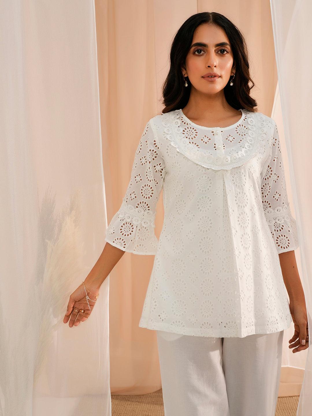 White Embroidered Cotton A-Line Kurti - Jashvi