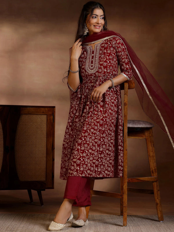 Maroon Printed Georgette A-Line Kurta With Trousers & Dupatta