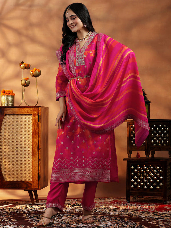 Pink Printed Silk Blend Straight Suit With Dupatta