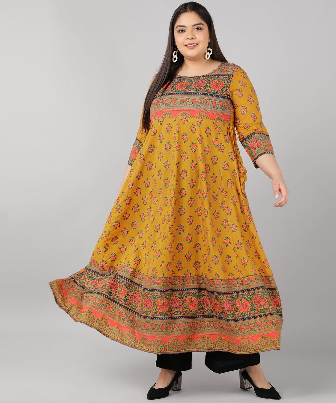 Women's Cotton Printed Anarkali Kurta (Mustard) - Kipek