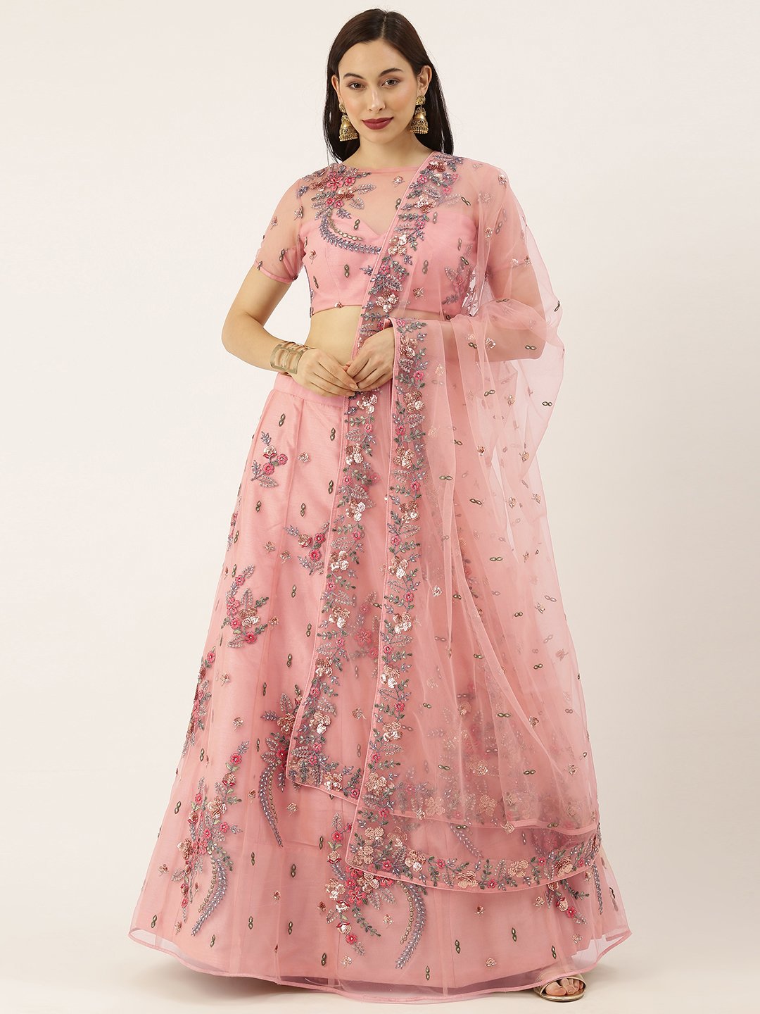 Women's Embroidered Net Fully Stitched Lehenga & Blouse With Dupatta - Royal Dwells