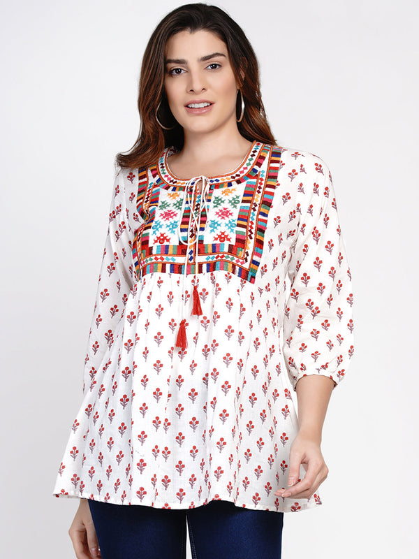 Jashvi White Printed Tunic With Embroidery