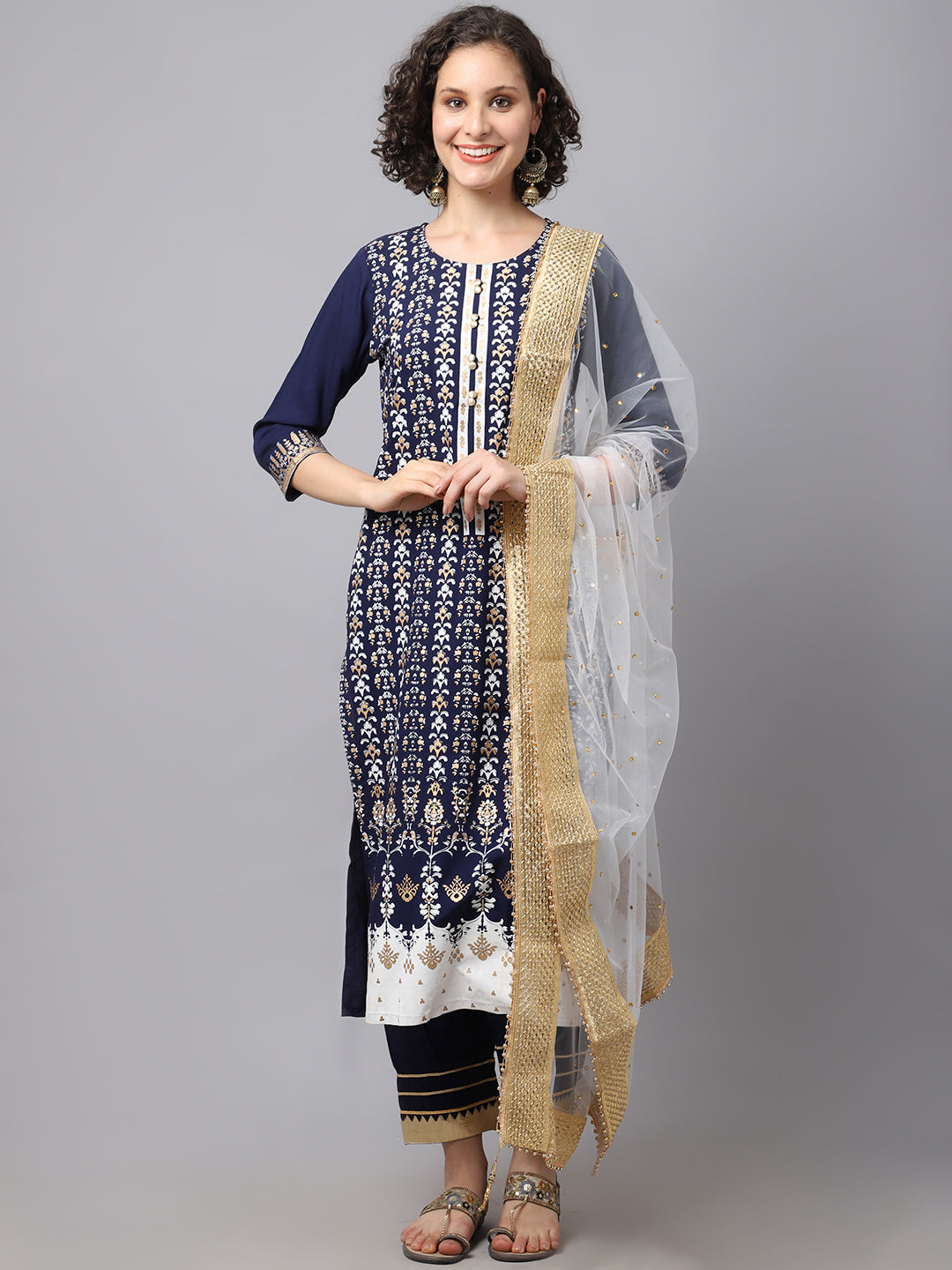 Women's Navy Blue & White Printed Kurta, Duppatta With Palazzos - Noz2Toz