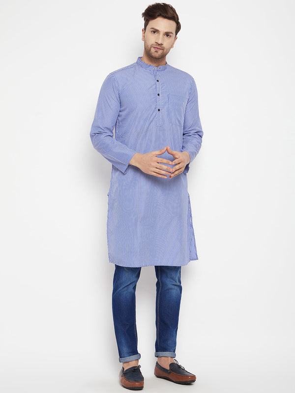 Men's Blue Color Long Kurta with Band Collar - Even Apparels