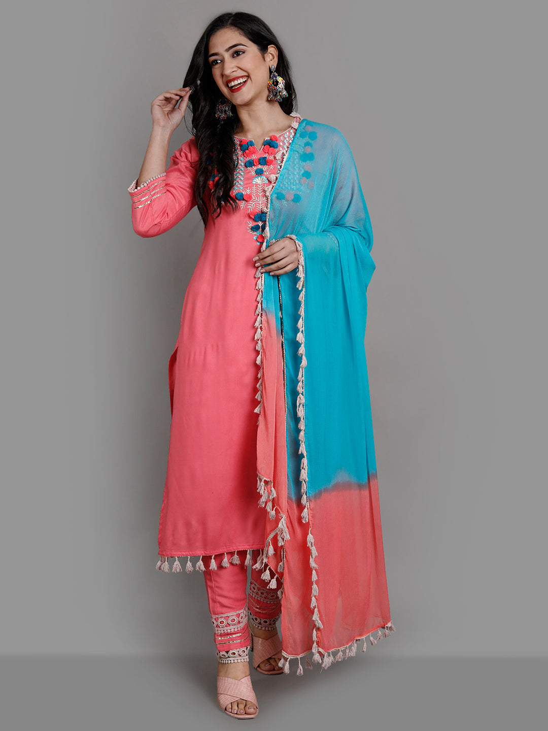 Women's Pink Rayon Kurta Pant And Dupatta Set - Noz2Toz