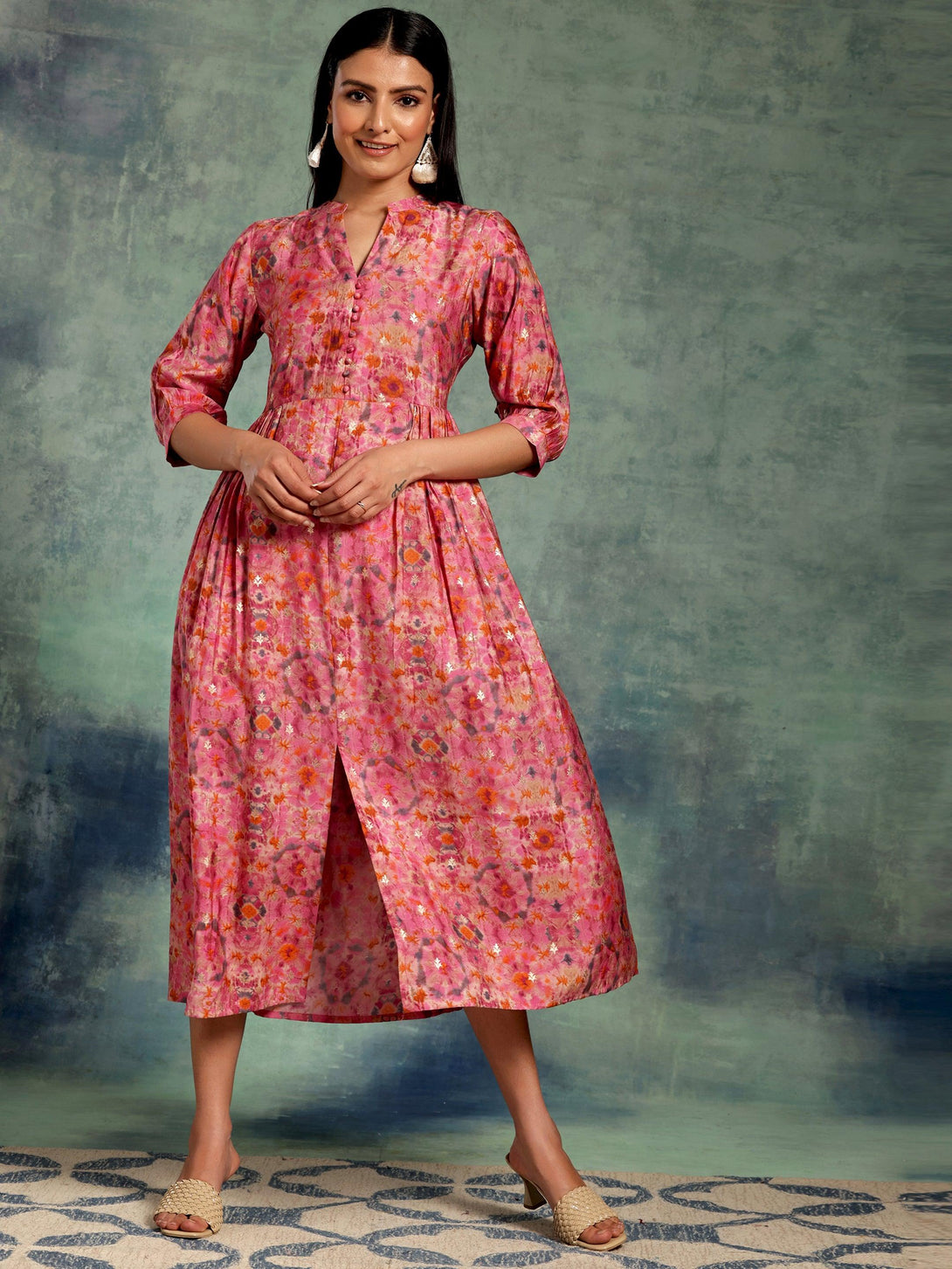 Pink Printed Silk Fit and Flare Dress - Jashvi