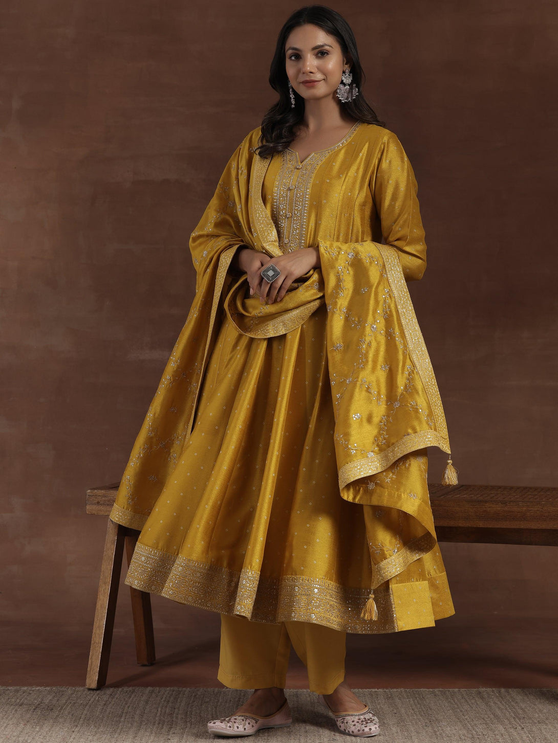 Mustard Embroidered Silk Blend A-Line Kurta With Palazzos & Dupatta - Jashvi