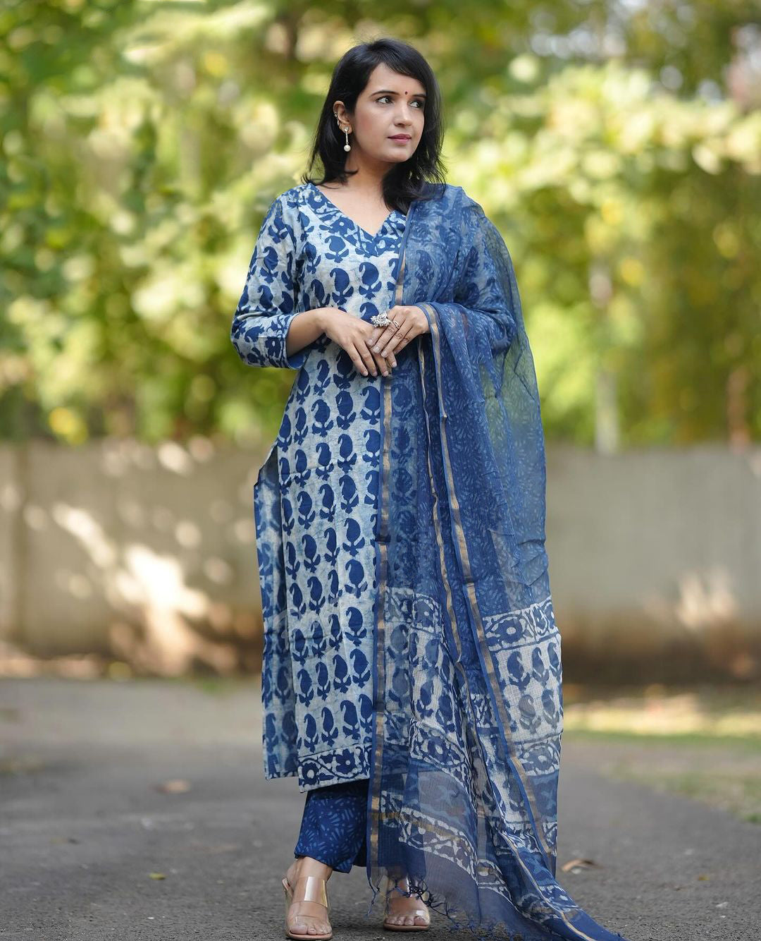 Women's Blue Straight Kurta And Pant Set With Dupatta - Alvami