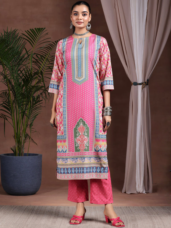 Pink Printed Poly Crepe Straight Suit With Dupatta