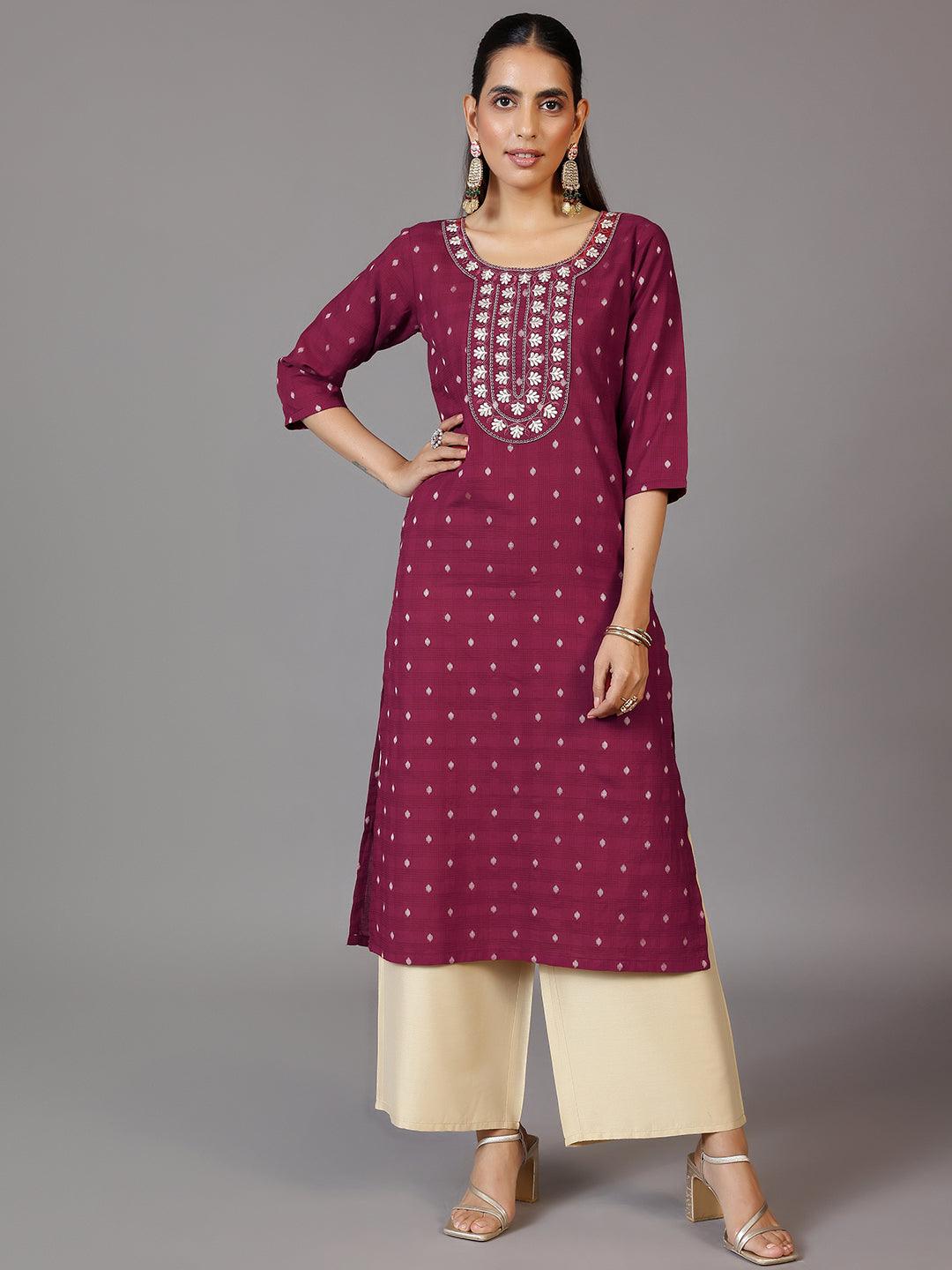 Maroon Embroidered Cotton Straight Kurta - Jashvi