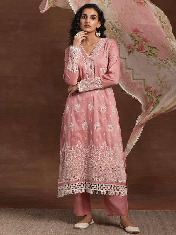 Pink Embroidered Silk Blend Straight Suit With Dupatta - Jashvi