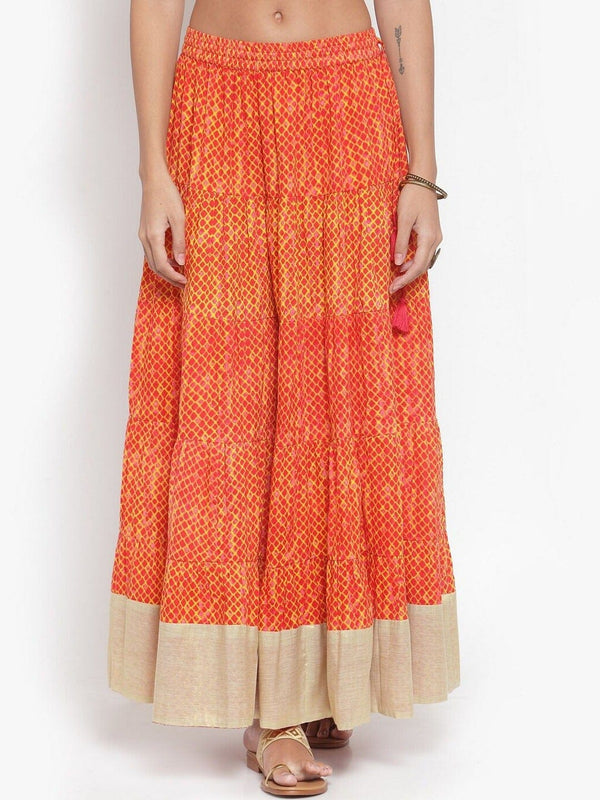 Women's KSUT Orange & Beige Printed Pure Cotton Flared Tiered Maxi Skirt - Varanga