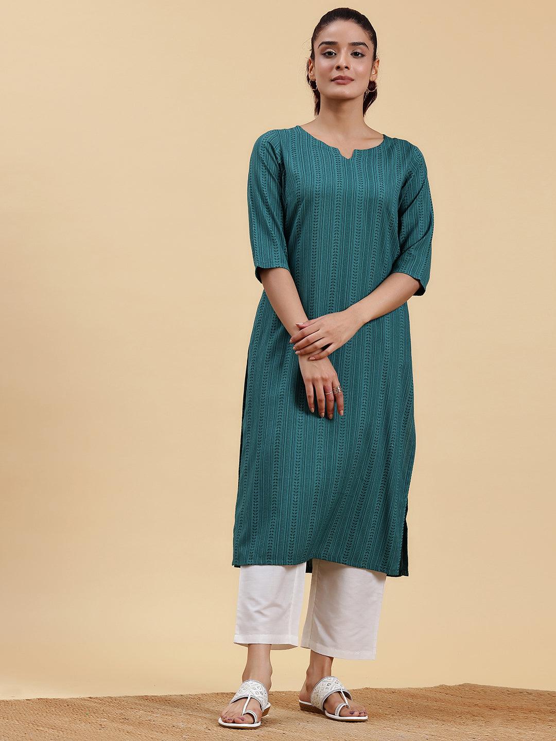 Blue Striped Rayon Straight Kurta - Jashvi