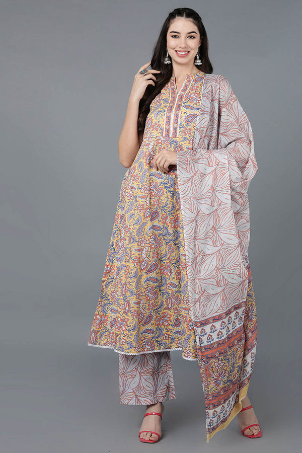 Women's Cotton Floral Printed Kurta Palazzos With Dupatta - Ahika