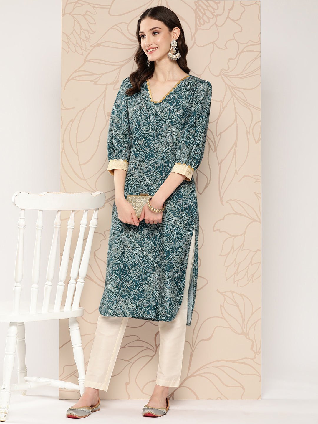 Women's Floral Printed Gotta Patti Crepe Kurta - Ahalyaa