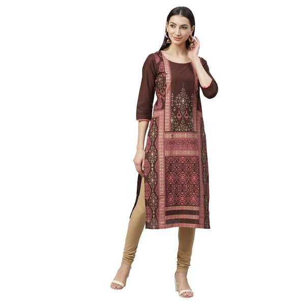 Women's Maroon Cotton Printed 3/4 Sleeve Round Neck Casual Kurta Only - Myshka