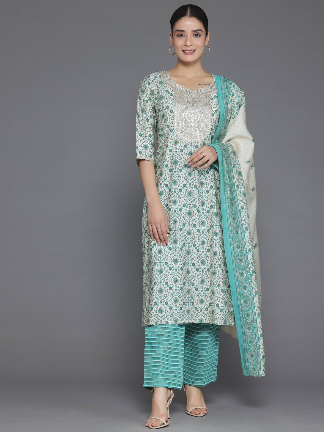 Beige Printed Silk Blend Straight Suit With Dupatta - Jashvi