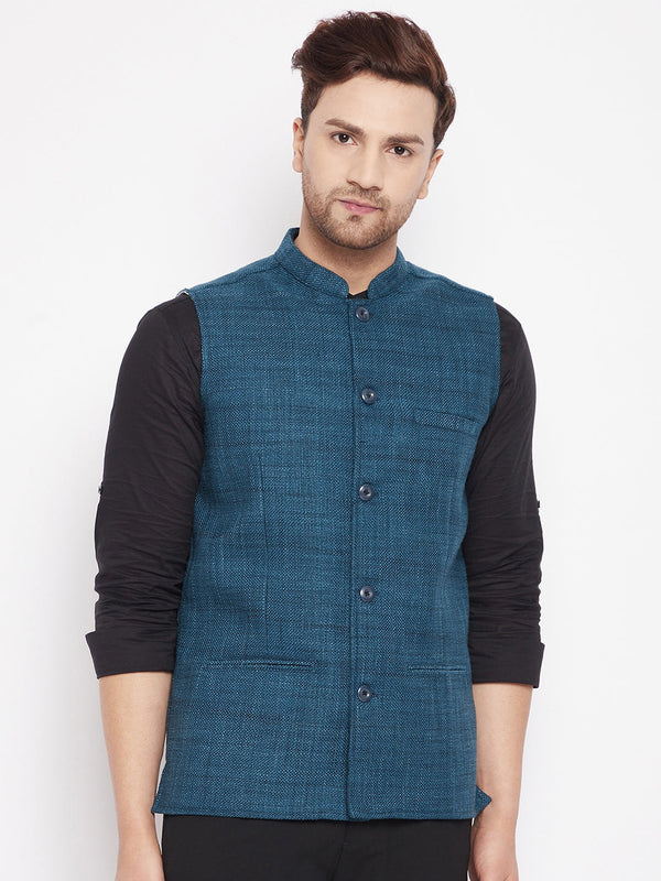 Men's Blue Color Woven Nehru Jacket - Even Apparels