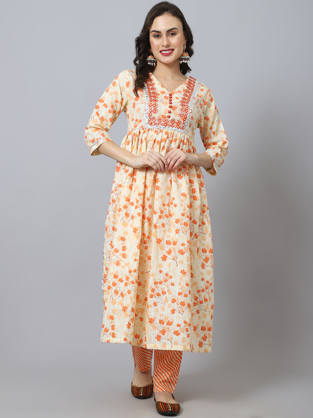 Women's Orange Maple Leaf Kurta Set With Patra Embroidery - Noz2Toz