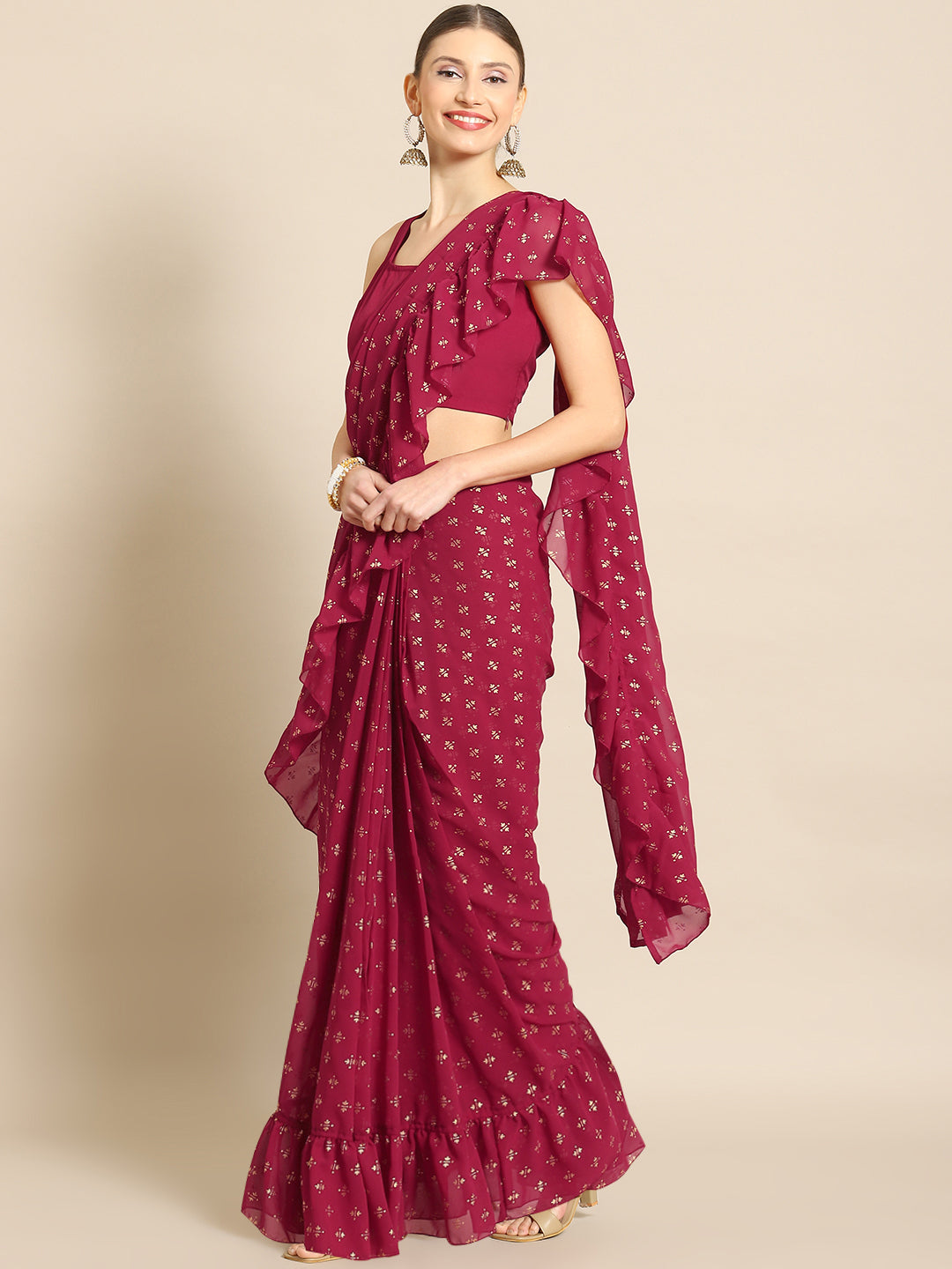 Women's Printed Ready To Wear Ruffles Saree - Ahalyaa