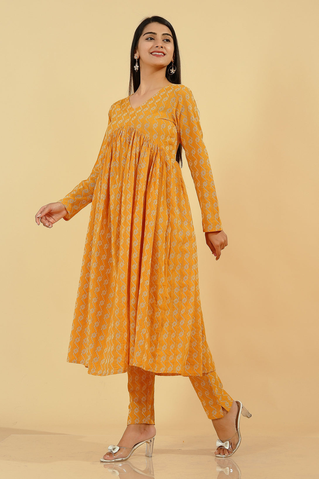 Women's D Line Printed Flared Kurta Set (Mustard) - Kipek