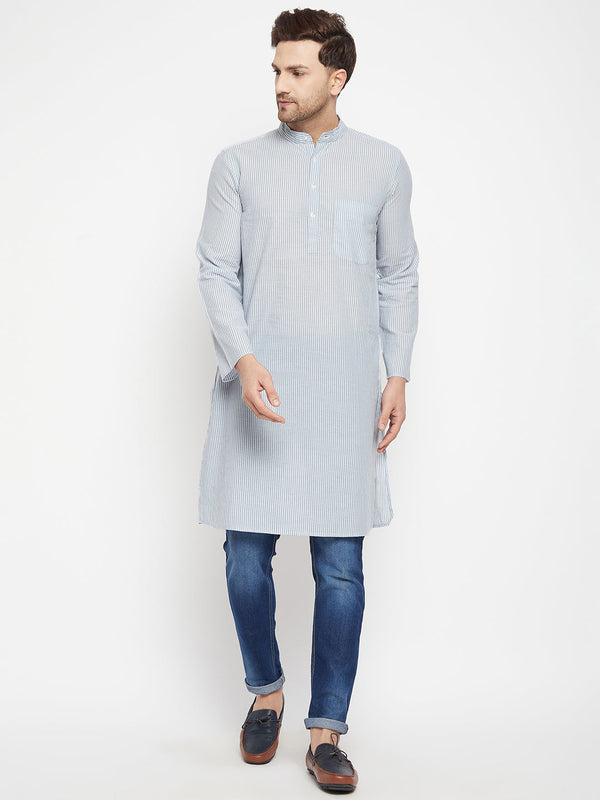 Men's Grey Color Long Kurta with Band Collar - Even Apparels