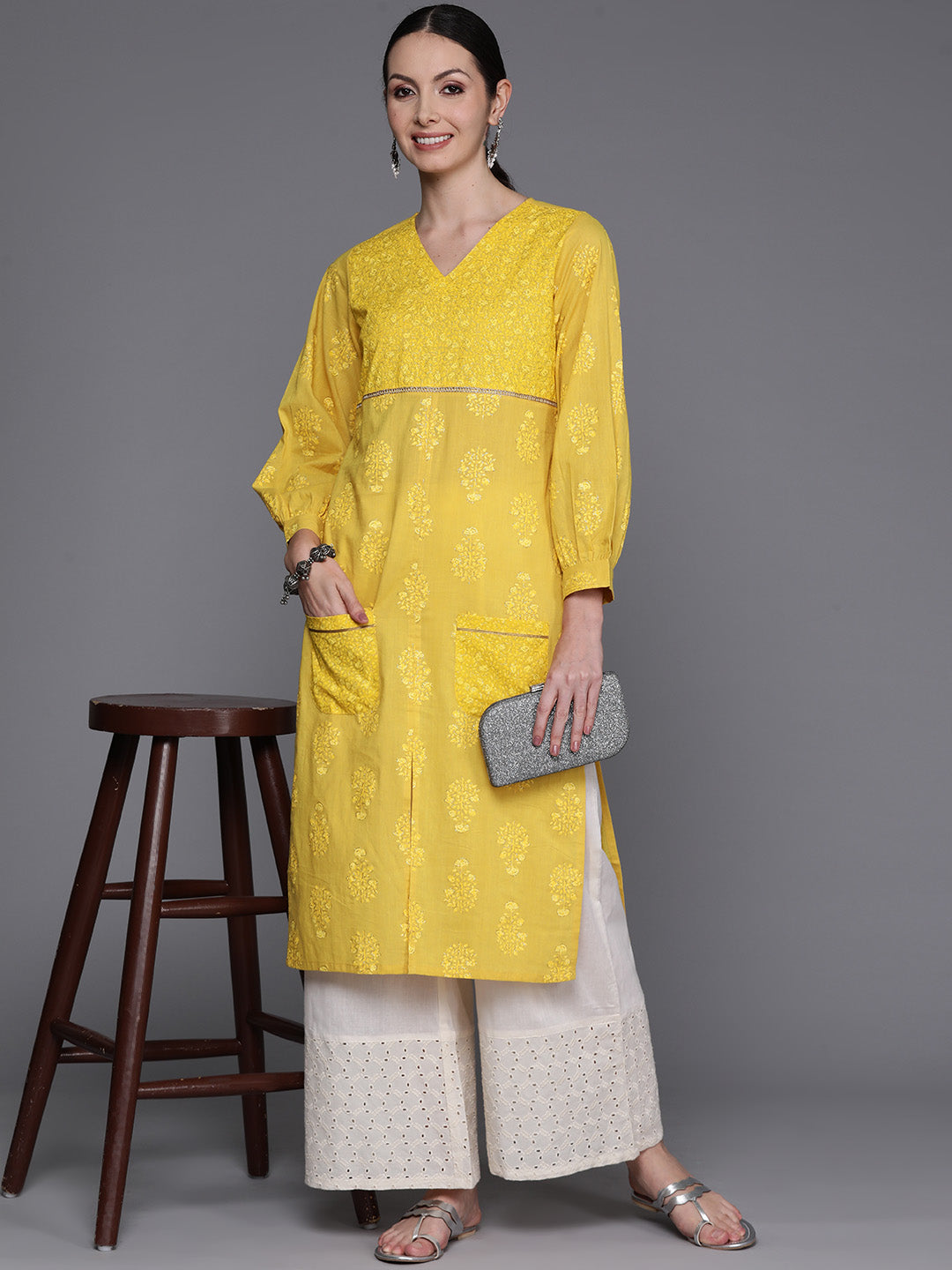 Women's Ethnic Motifs Printed Puff Sleeves Gotta Patti Kurta - Ahalyaa