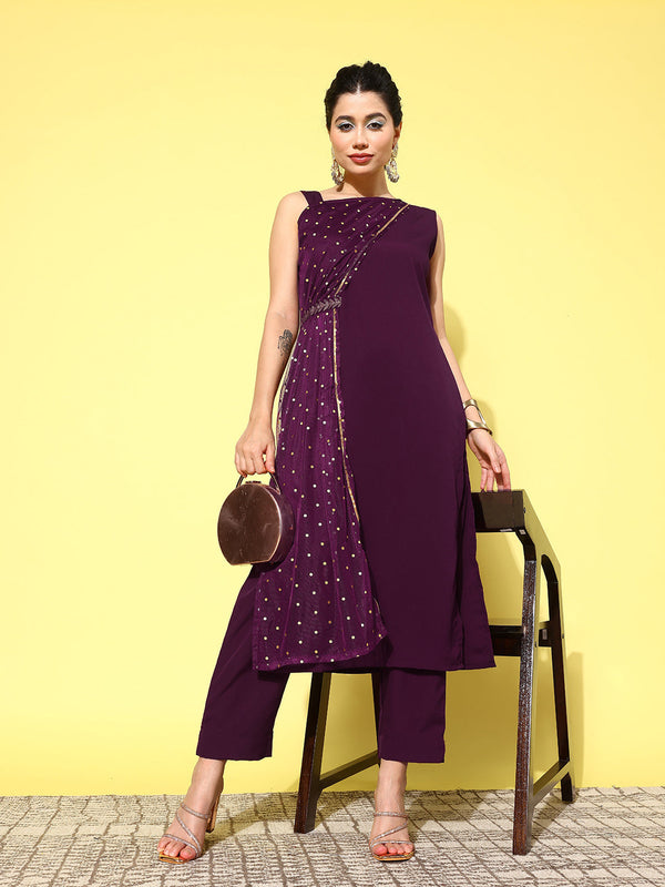 Burgundy Polka Dots Printed Gotta Patti Kurta with Trousers