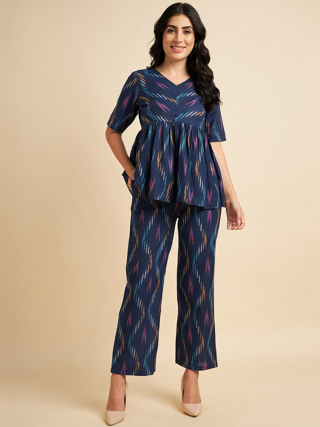 Women's Cotton Blue Geometric Pattern Co-Ords - Azira