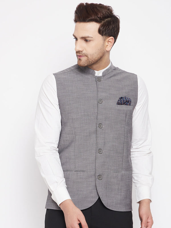 Men's Grey Color Woven Nehru Jacket - Even Apparels