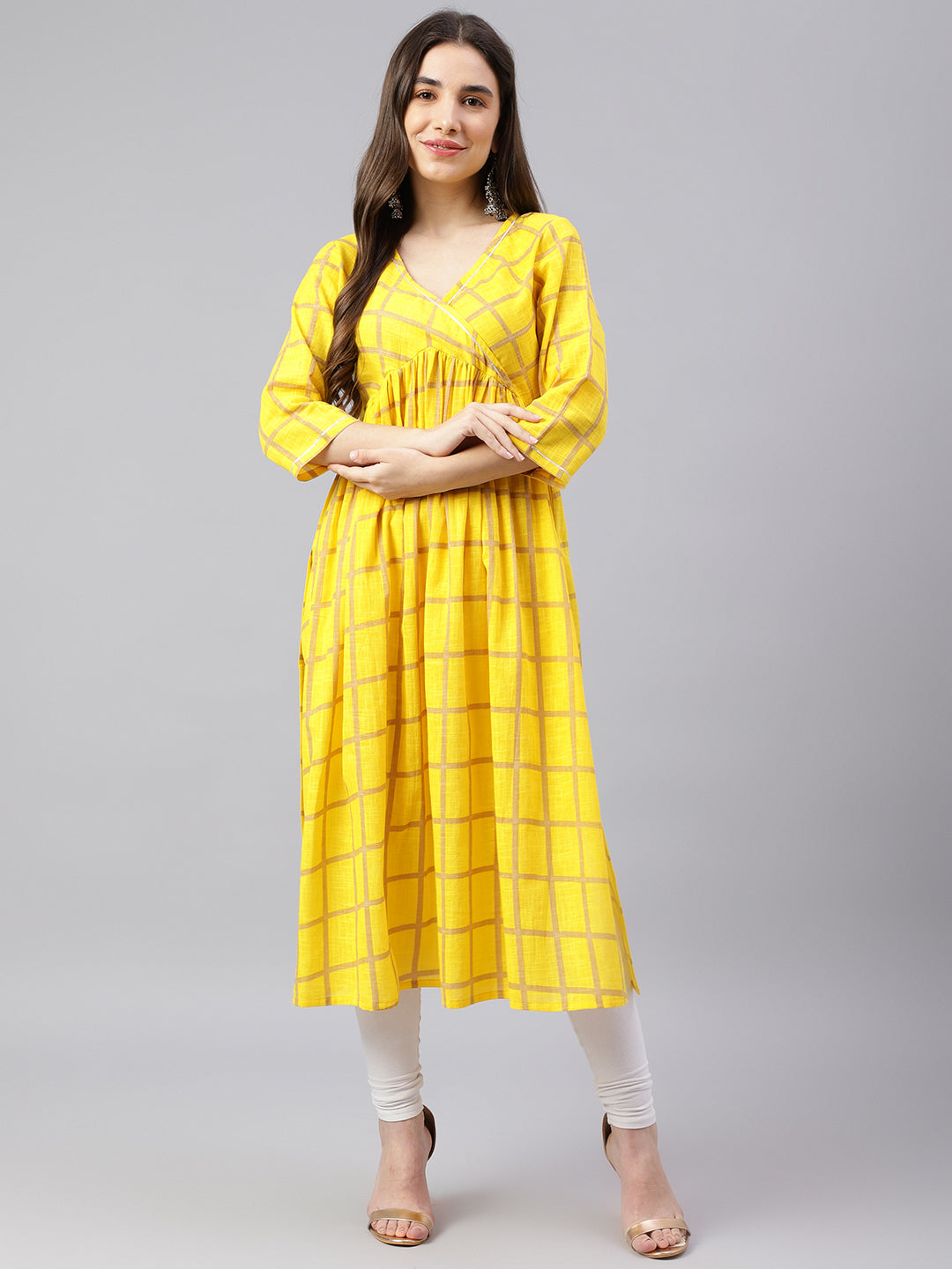 Women's Yellow Checks Printed Maxi Dress - Deckedup