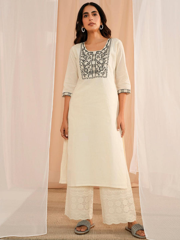 Off White Yoke Design Cotton Straight Kurta - Jashvi