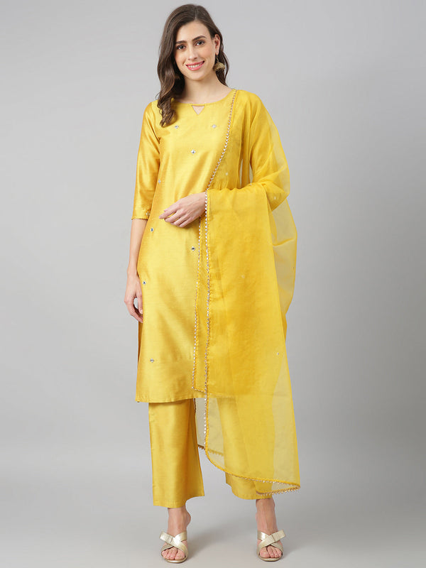 Women's Yellow Solid Mirror Embroidered Side Slit Kurta With Palazzo And Dupatta Set - Azira