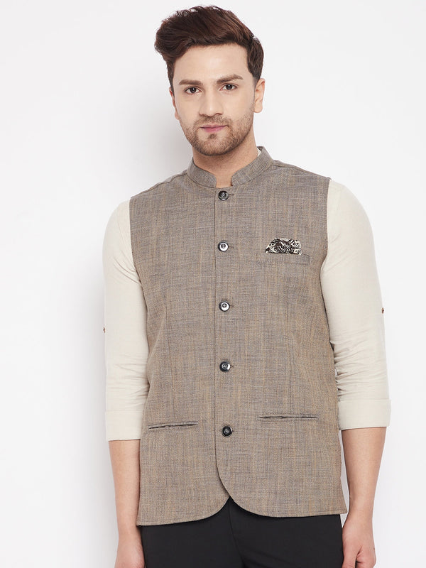 Men's Brown Color Woven Nehru Jacket - Even Apparels